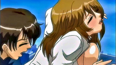 Hentai girl with ahegao tongue out face as guy kisses her neck passionately in anime scene