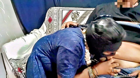 Indian MILF in blue saree gets neck kissed and thighs groped by young man in taboo foreplay