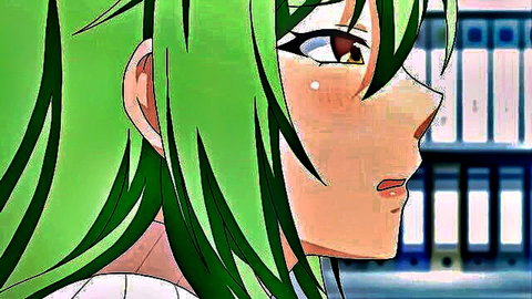 Green-haired anime teacher with surprised expression in hentai scene
