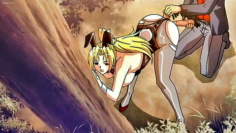 Blonde hentai bunny girl teacher groped from behind in humiliating outdoor scene