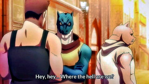Anime muscular blue wolf and pink pig anthro characters standing confused in alley with human guy