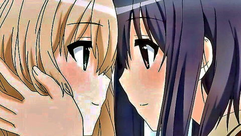 Blushing hentai lesbians with blonde and black hair staring intimately into each other's eyes close-up