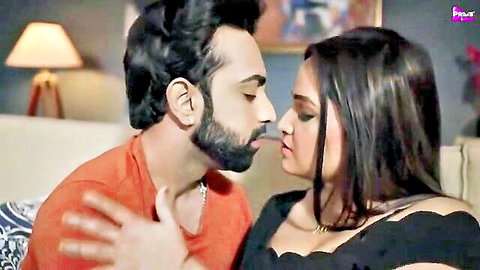 Indian couple in intimate close-up kiss from Hindi hot web series