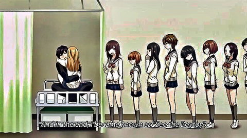 Hentai schoolgirls in uniforms lining up to hug blonde boy on bed