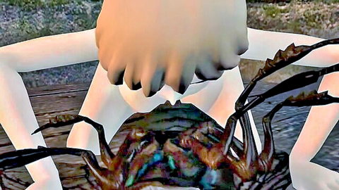 Hentai girl spreads pale legs exposing shaved pussy for giant crab monster claws