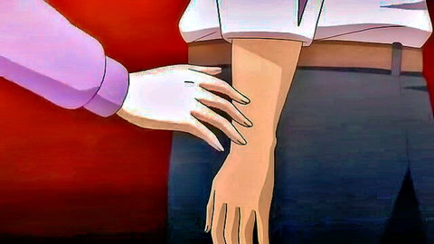 Anime hentai gloved hand in purple sleeve tightly grabbing man's suited arm close-up