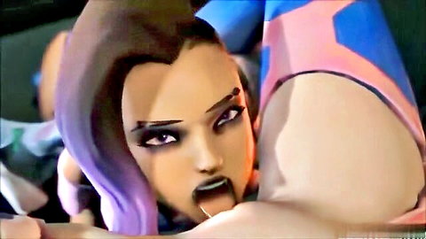 Purple mohawk hentai girl with lip piercing slurps tongue on balls and cock in closeup blowjob