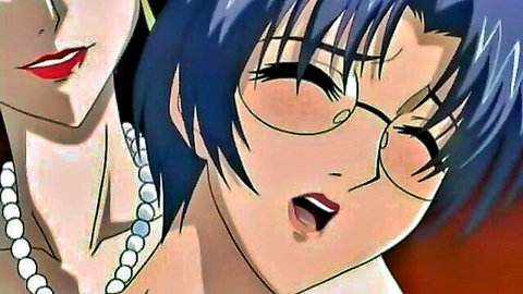 Hentai MILF with glasses and blue hair in aroused ecstasy, close-up face