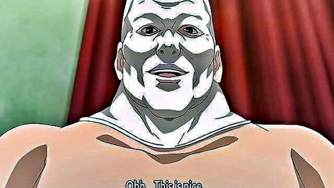 Muscular anime hunk in white outfit smirking in hentai scene