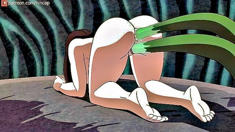Hentai girl with massive white ass on all fours double penetrated by green tentacles with creampie drip