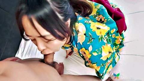 Asian brunette in floral dress sucking thick hard cock POV blowjob