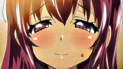 Blushing purple-haired hentai girl with seductive purple eyes and cute smile