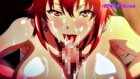 Redhead hentai girl with large breasts in explicit oral scene, cum on face