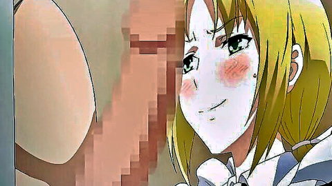 Blonde hentai girl with green eyes smiling at censored penis, exposed breasts
