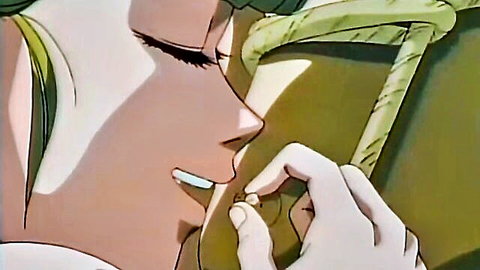 Blonde hentai anime girl in green rope bondage smiling seductively, Cool Devices series