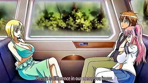 Hentai scene: blonde big-tits woman in green dress chats with guy and pink-haired schoolgirl in car