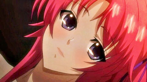 Blushing pink-haired hentai girl with red eyes close-up