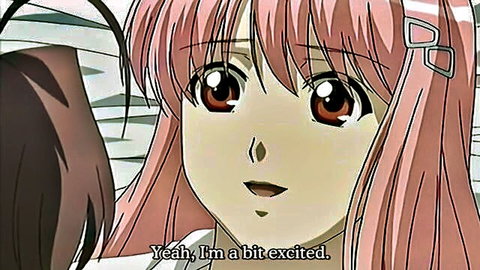 Excited pink-haired hentai girl smiling intimately with friend