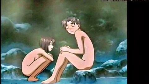 Anime nude teens in steamy onsen, girl squatting before smiling boy