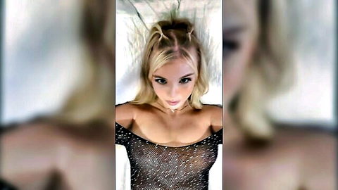 Blonde model Layla in sheer black mesh top teasing solo