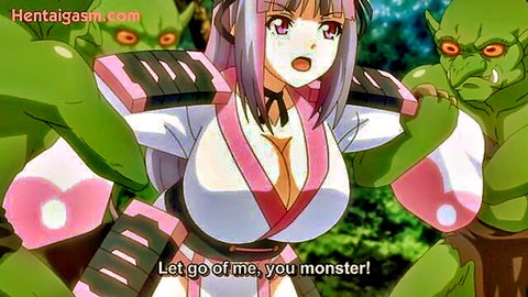 Hentai girl in miko outfit grabbed by goblins, big breasts exposed, monster reluctance scene
