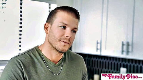 Stepbrother in green shirt in kitchen, Leana Lovings family tease scene
