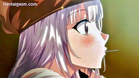 Blushing anime girl with long purple hair, brown beret, flushed cheeks holding needle in mouth, Hatsukoi Jikan hentai
