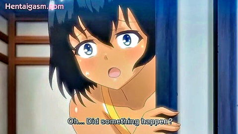 Cute black-haired hentai girl peeking from door with surprised flush in Summer Inaka