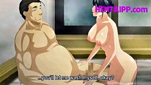 Busty black-haired hentai classmate nude in bath with muscular man