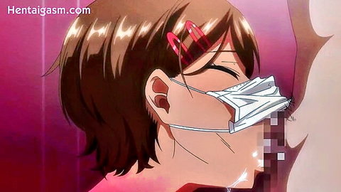 Anime schoolgirl with mask kissing censored large breast in hentai