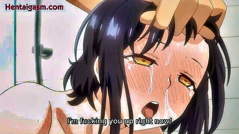Hentai anime girl with black hair and yellow eyes gripped by hand in intense oral scene