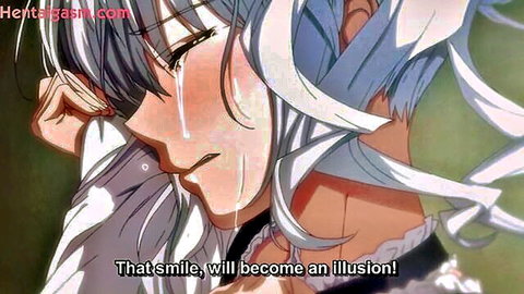Anime girl with long silver hair crying emotionally in frilly dress