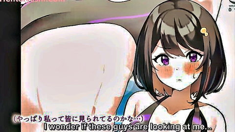 Anime hentai girl in black swimsuit blushing over shoulder, wondering if guys are looking