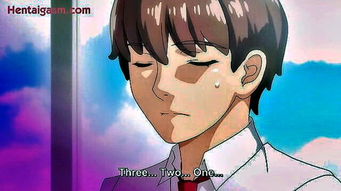 Hentai boy in school uniform counting down hypnotically, emotional expression
