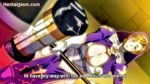 Hentai blonde female warrior with massive breasts in revealing purple armor holding mace