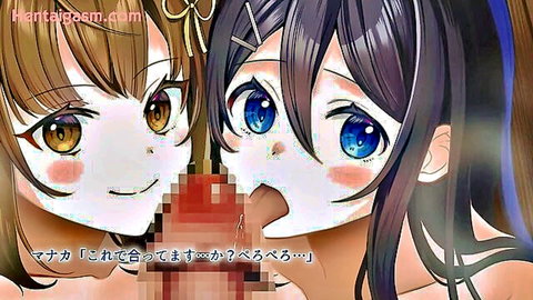 Busty anime schoolgirls double teaming censored cock in hentai blowjob