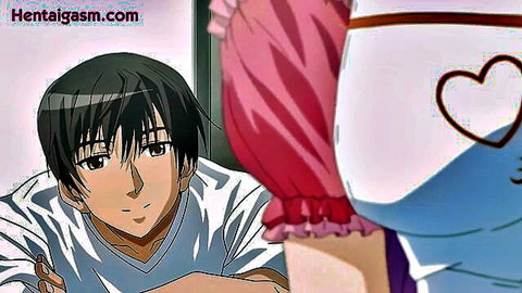Hentai anime guy smirks at girl's lifted pink skirt revealing heart panties