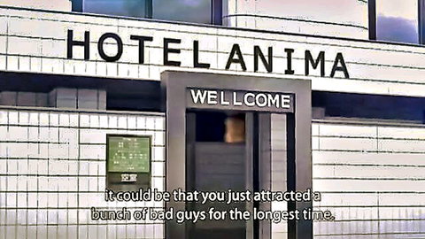 Hentai anime Hotel Anima entrance with 'WELLCOME' sign and text about attracting bad guys
