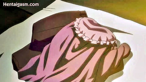 Pink frilly dress draped on brown couch in anime hentai scene