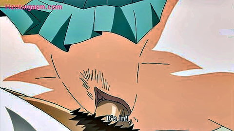 Hentai closeup of orange monster cock penetrating tight wet pussy with insertion sparkles and 'It's in!' text