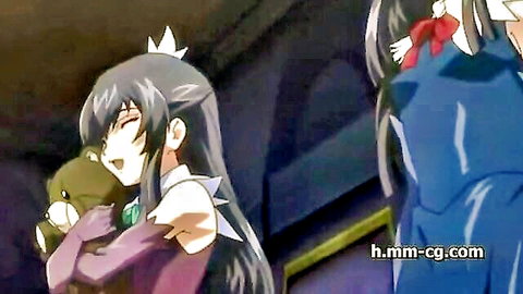 Anime schoolgirl with long black hair hugs frog plushie, another girl watches