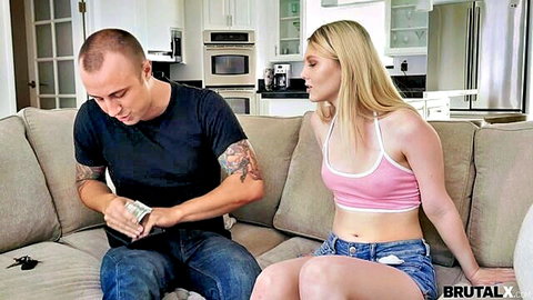 Lily Rader as slutty stepsis in pink crop top and shorts with tattooed guy holding cash