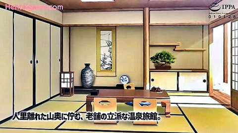 Traditional Japanese tatami room interior with bonsai, low table and shoji screens in serene hentai style.