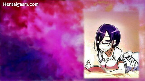 Busty purple-haired hentai girl with glasses reading book in white frilly outfit