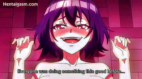 Ecstatic purple-haired anime girl with ahegao face, topless in hentai