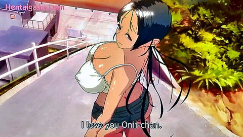 Seductive hentai girl with massive wet breasts in low-cut top and shorts, looking back outdoors