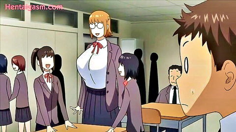 Busty orange-haired hentai teacher with massive tits in tight blouse surrounded by schoolgirls in classroom