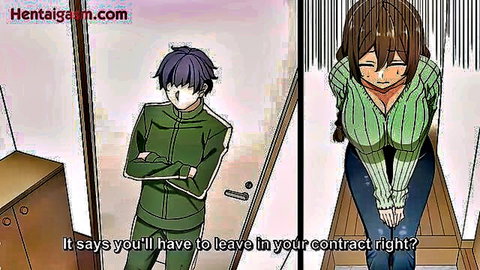 Hentai anime girl with big breasts offers body to pay rent in green sweater