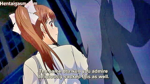 Anime girl with brown ponytail in white dress looks back at shadowy figure in hentai