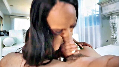 August Skye ebony babe giving intense blowjob closeup